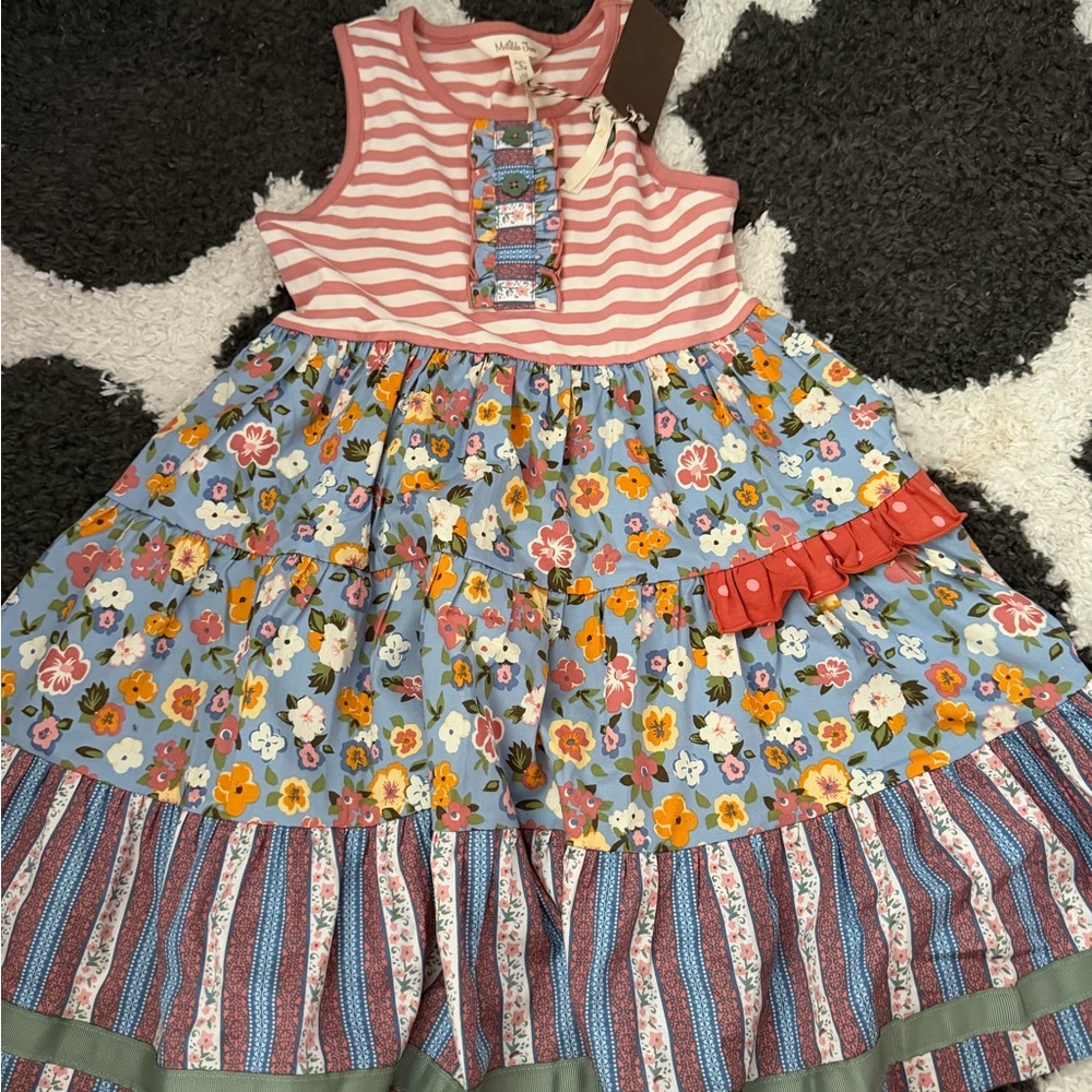 Matilda Jane Pink Striped Top with Blue Floral Tiered Dress